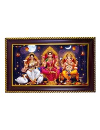 Goddess Lakshmi, Goddess Saraswati, And Lord Ganesha Photo Frame 14x10 Inch | Glossy Maroon Polystyrene Frame | Divine Wall & Table Decor | Temple Decoration & Gift Item (Pack Of 1) (F20494)