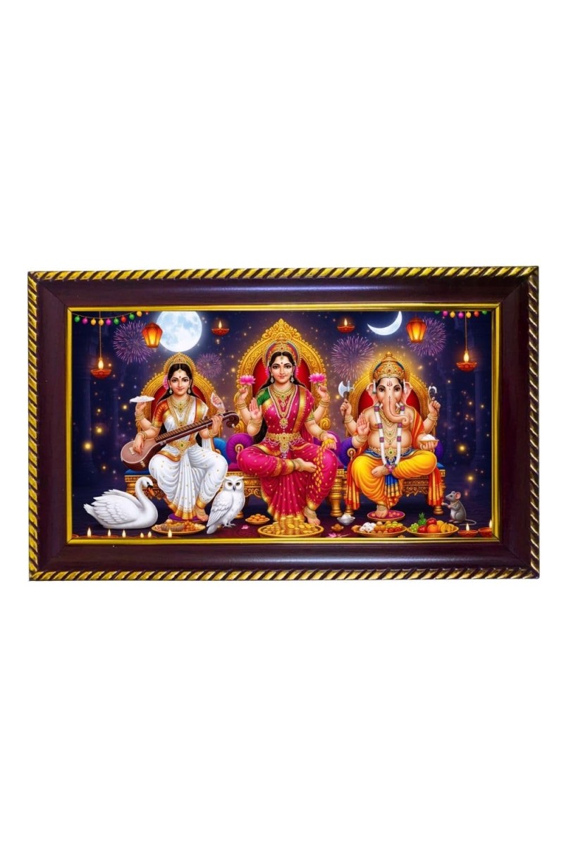 Goddess Lakshmi, Goddess Saraswati, And Lord Ganesha Photo Frame 14x10 Inch | Glossy Maroon Polystyrene Frame | Divine Wall & Table Decor | Temple Decoration & Gift Item (Pack Of 1) (F20494)