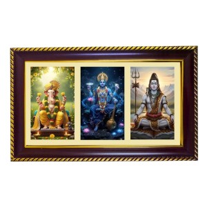 Ganesha-Vishnu-Shiva Photo Frame 8x4 Inch | Glossy Maroon Polystyrene Frame | Divine Wall & Table Decor | Temple Decoration & Gift Item (Pack Of 1) (F20976)