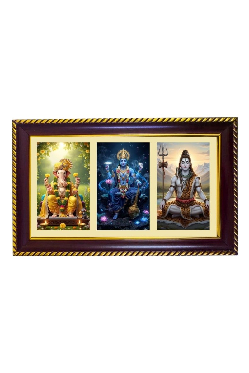 Ganesha-Vishnu-Shiva Photo Frame 8x4 Inch | Glossy Maroon Polystyrene Frame | Divine Wall & Table Decor | Temple Decoration & Gift Item (Pack Of 1) (F20976)