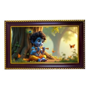 Lord Krishna Photo Frame 10x6 Inch | Glossy Maroon Polystyrene Frame | Divine Wall & Table Decor | Temple Decoration & Gift Item (Pack Of 1) (F20684)