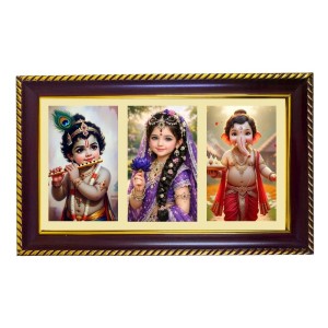 Krishna-Radha-Ganesha Photo Frame 10x6 Inch | Glossy Maroon Polystyrene Frame | Divine Wall & Table Decor | Temple Decoration & Gift Item (Pack Of 1) (F21230)