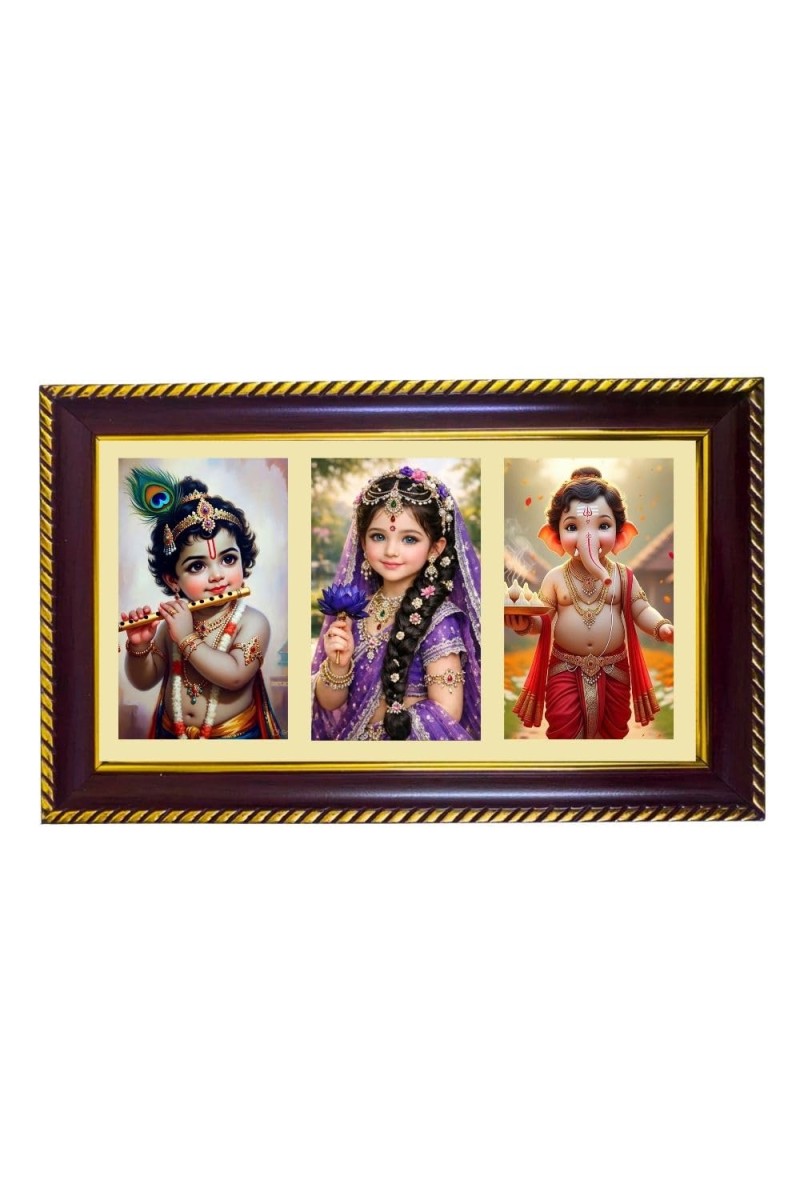 Krishna-Radha-Ganesha Photo Frame 10x6 Inch | Glossy Maroon Polystyrene Frame | Divine Wall & Table Decor | Temple Decoration & Gift Item (Pack Of 1) (F21230)