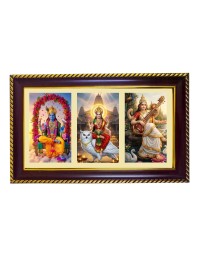 Vishnu-Laxmi-Sarswati Photo Frame 8x4 Inch | Glossy Maroon Polystyrene Frame | Divine Wall & Table Decor | Temple Decoration & Gift Item (Pack Of 1) (F20929)