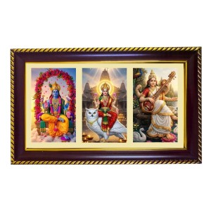 Vishnu-Laxmi-Sarswati Photo Frame 8x4 Inch | Glossy Maroon Polystyrene Frame | Divine Wall & Table Decor | Temple Decoration & Gift Item (Pack Of 1) (F20929)
