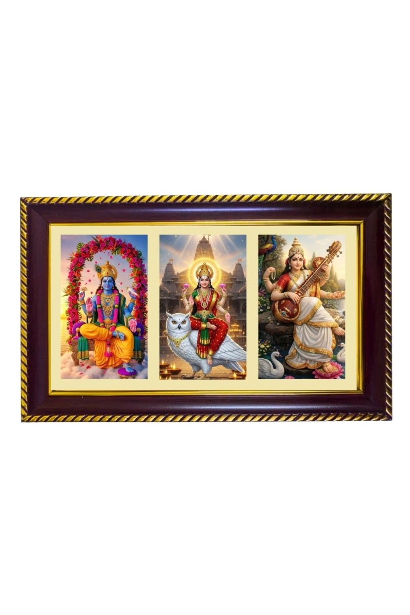 Vishnu-Laxmi-Sarswati Photo Frame 8x4 Inch | Glossy Maroon Polystyrene Frame | Divine Wall & Table Decor | Temple Decoration & Gift Item (Pack Of 1) (F20929)