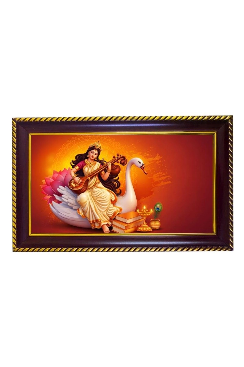 Mata Sarswati Photo Frame 8x4 Inch | Glossy Maroon Polystyrene Frame | Divine Wall & Table Decor | Temple Decoration & Gift Item (Pack Of 1) (F20626)