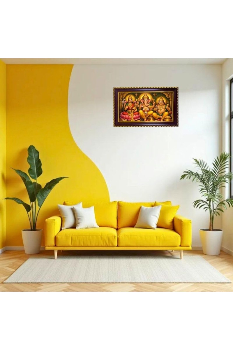 Lakshmi Kubera Ganesha Photo Frame 12x8 Inch | Glossy Maroon Polystyrene Frame | Divine Wall & Table Decor | Temple Decoration & Gift Item (Pack Of 1) (F20136)
