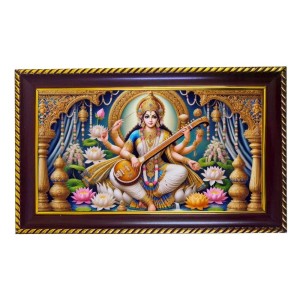 Mata Saraswati Photo Frame 12x8 Inch | Glossy Maroon Polystyrene Frame | Divine Wall & Table Decor | Temple Decoration & Gift Item (Pack Of 1) (F20595)