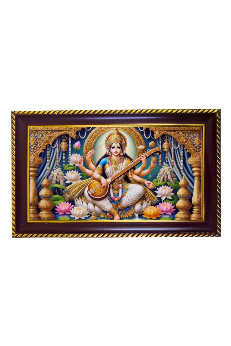 Mata Saraswati Photo Frame 12x8 Inch | Glossy Maroon Polystyrene Frame | Divine Wall & Table Decor | Temple Decoration & Gift Item (Pack Of 1) (F20595)