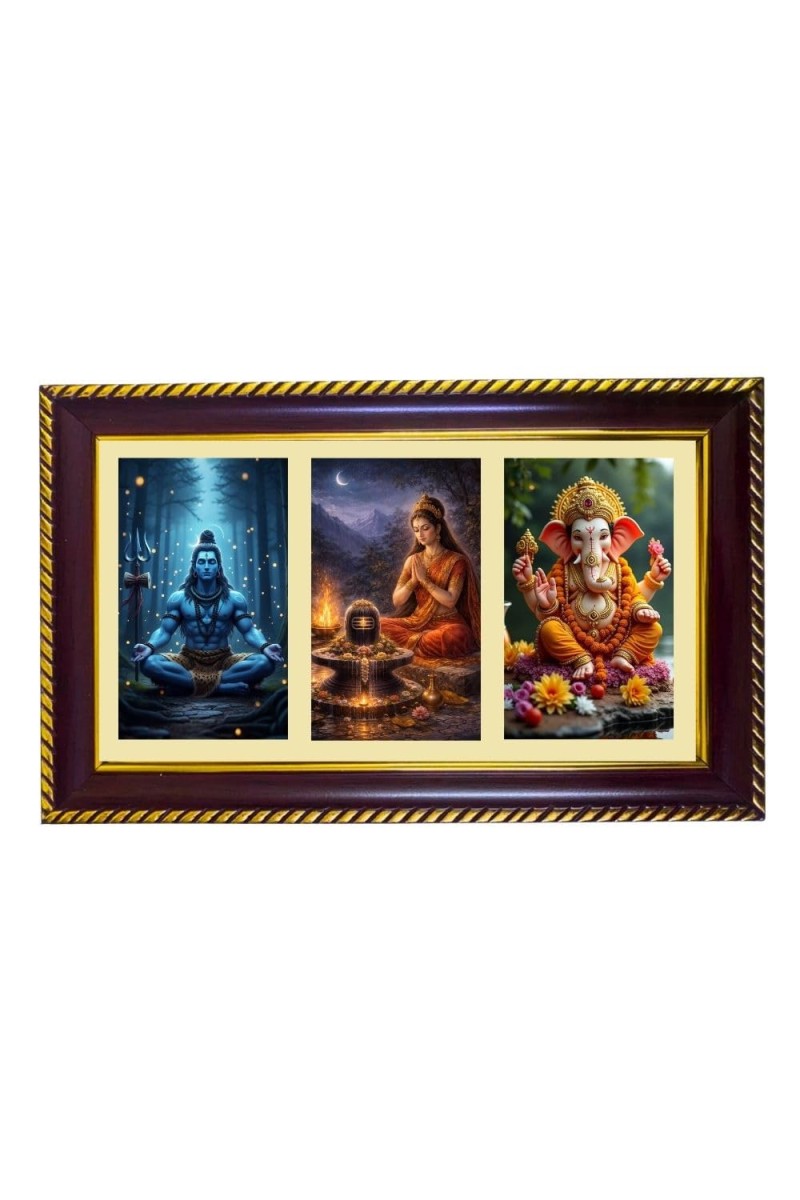 Shiva-Parvti-Ganpati Photo Frame 14x10 Inch | Glossy Maroon Polystyrene Frame | Divine Wall & Table Decor | Temple Decoration & Gift Item (Pack Of 1) (F21159)