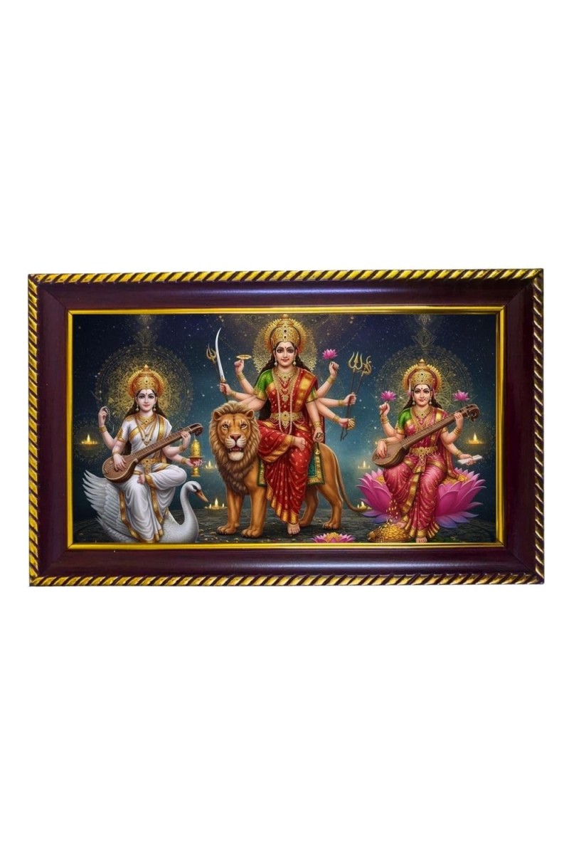 Tri Devi Photo Frame 8x4 Inch | Glossy Maroon Polystyrene Frame | Divine Wall & Table Decor | Temple Decoration & Gift Item (Pack Of 1) (F20118)