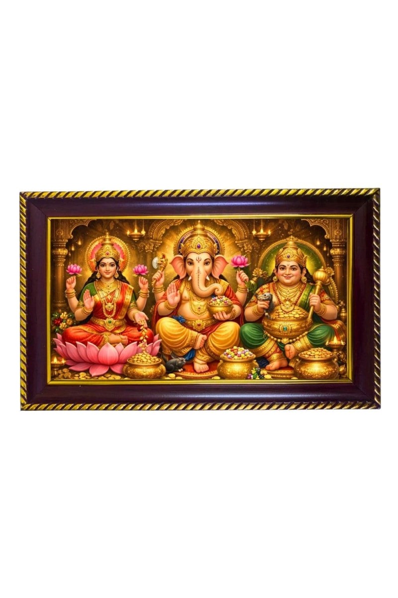 Maa Lakshmi, Lord Ganesh & Lord Kuber Photo Frame 8x4 Inch | Glossy Maroon Polystyrene Frame | Divine Wall & Table Decor | Temple Decoration & Gift Item (Pack Of 1) (F20463)