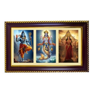 Shiva-Vishnu-Parvti Photo Frame 12x8 Inch | Glossy Maroon Polystyrene Frame | Divine Wall & Table Decor | Temple Decoration & Gift Item (Pack Of 1) (F21343)