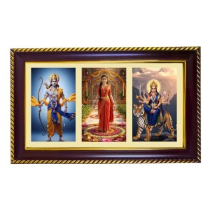 Ram-Sita-Durga Photo Frame 14x10 Inch | Glossy Maroon Polystyrene Frame | Divine Wall & Table Decor | Temple Decoration & Gift Item (Pack Of 1) (F21097)