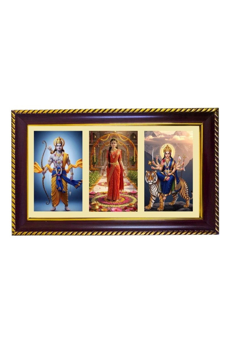 Ram-Sita-Durga Photo Frame 14x10 Inch | Glossy Maroon Polystyrene Frame | Divine Wall & Table Decor | Temple Decoration & Gift Item (Pack Of 1) (F21097)