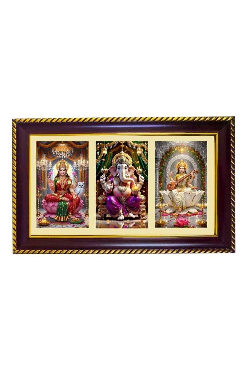 Lakshmi-Ganesha-Sarswati Photo Frame 8x4 Inch | Glossy Maroon Polystyrene Frame | Divine Wall & Table Decor | Temple Decoration & Gift Item (Pack Of 1) (F21294)