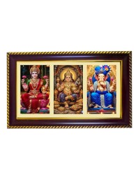 Lakshmi-Kubera-Ganesha Photo Frame 8x4 Inch | Glossy Maroon Polystyrene Frame | Divine Wall & Table Decor | Temple Decoration & Gift Item (Pack Of 1) (F21381)