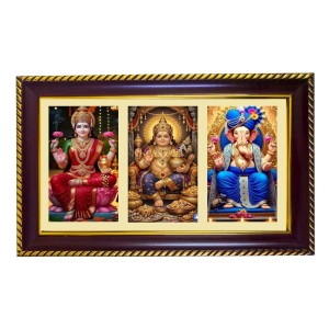 Lakshmi-Kubera-Ganesha Photo Frame 8x4 Inch | Glossy Maroon Polystyrene Frame | Divine Wall & Table Decor | Temple Decoration & Gift Item (Pack Of 1) (F21381)