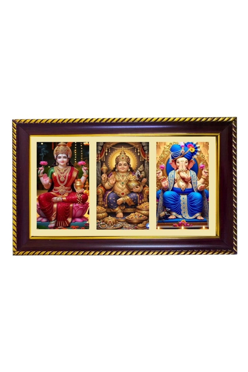 Lakshmi-Kubera-Ganesha Photo Frame 8x4 Inch | Glossy Maroon Polystyrene Frame | Divine Wall & Table Decor | Temple Decoration & Gift Item (Pack Of 1) (F21381)