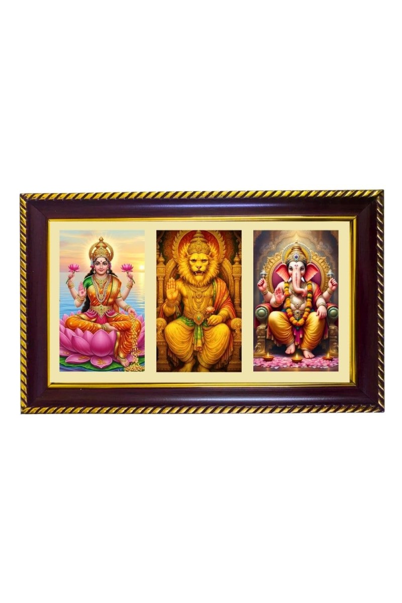 Lakshmi-Narsimha-Ganesha Photo Frame 8x4 Inch | Glossy Maroon Polystyrene Frame | Divine Wall & Table Decor | Temple Decoration & Gift Item (Pack Of 1) (F20794)