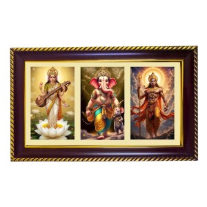 Sarswati-Ganesha-Vishnu Photo Frame 10x6 Inch | Glossy Maroon Polystyrene Frame | Divine Wall & Table Decor | Temple Decoration & Gift Item (Pack Of 1) (F20960)