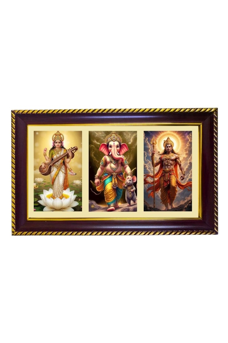 Sarswati-Ganesha-Vishnu Photo Frame 10x6 Inch | Glossy Maroon Polystyrene Frame | Divine Wall & Table Decor | Temple Decoration & Gift Item (Pack Of 1) (F20960)