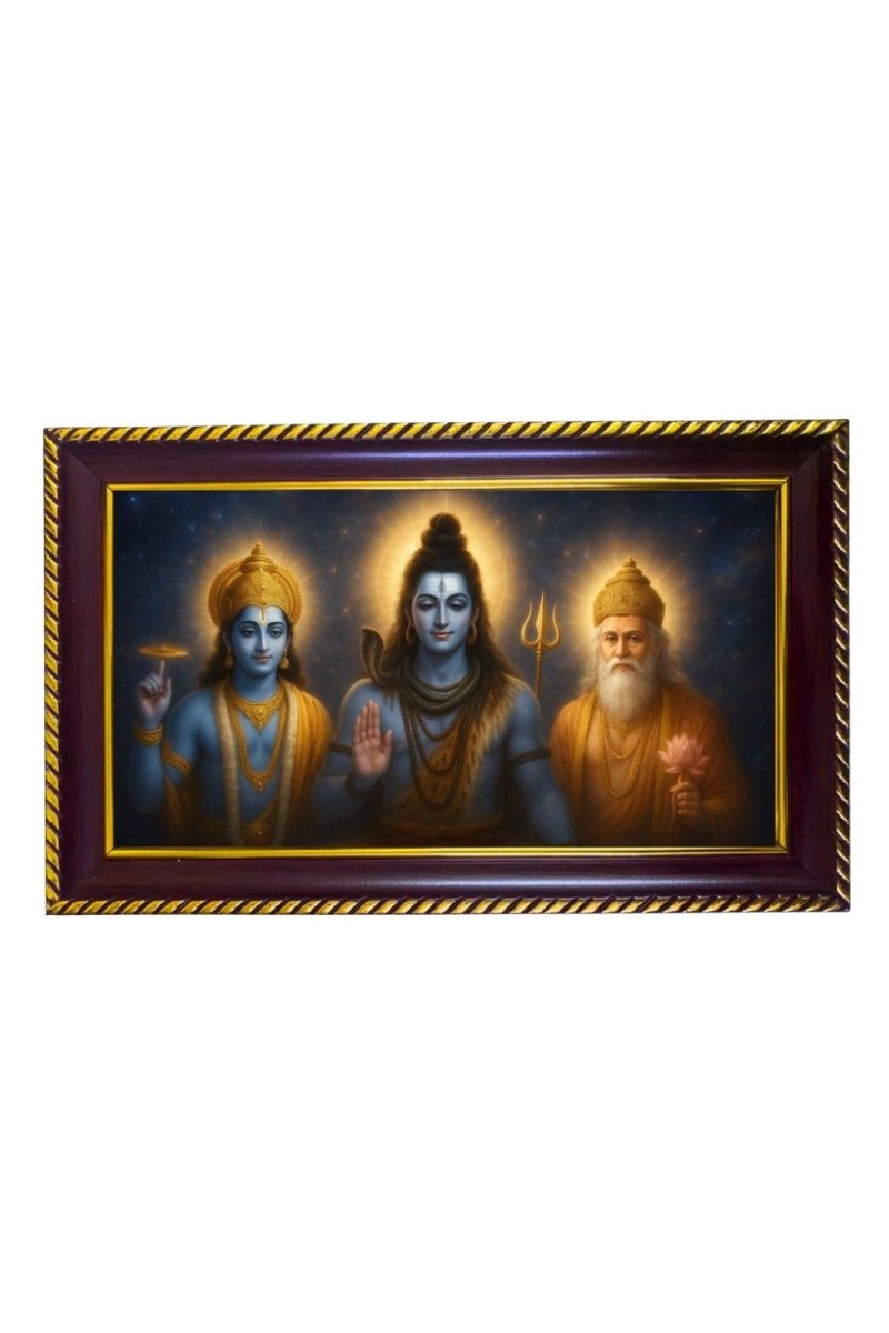 Lord Braha Vishnu Mahesh Photo Frame 10x6 Inch | Glossy Maroon Polystyrene Frame | Divine Wall & Table Decor | Temple Decoration & Gift Item (Pack Of 1) (F20109)
