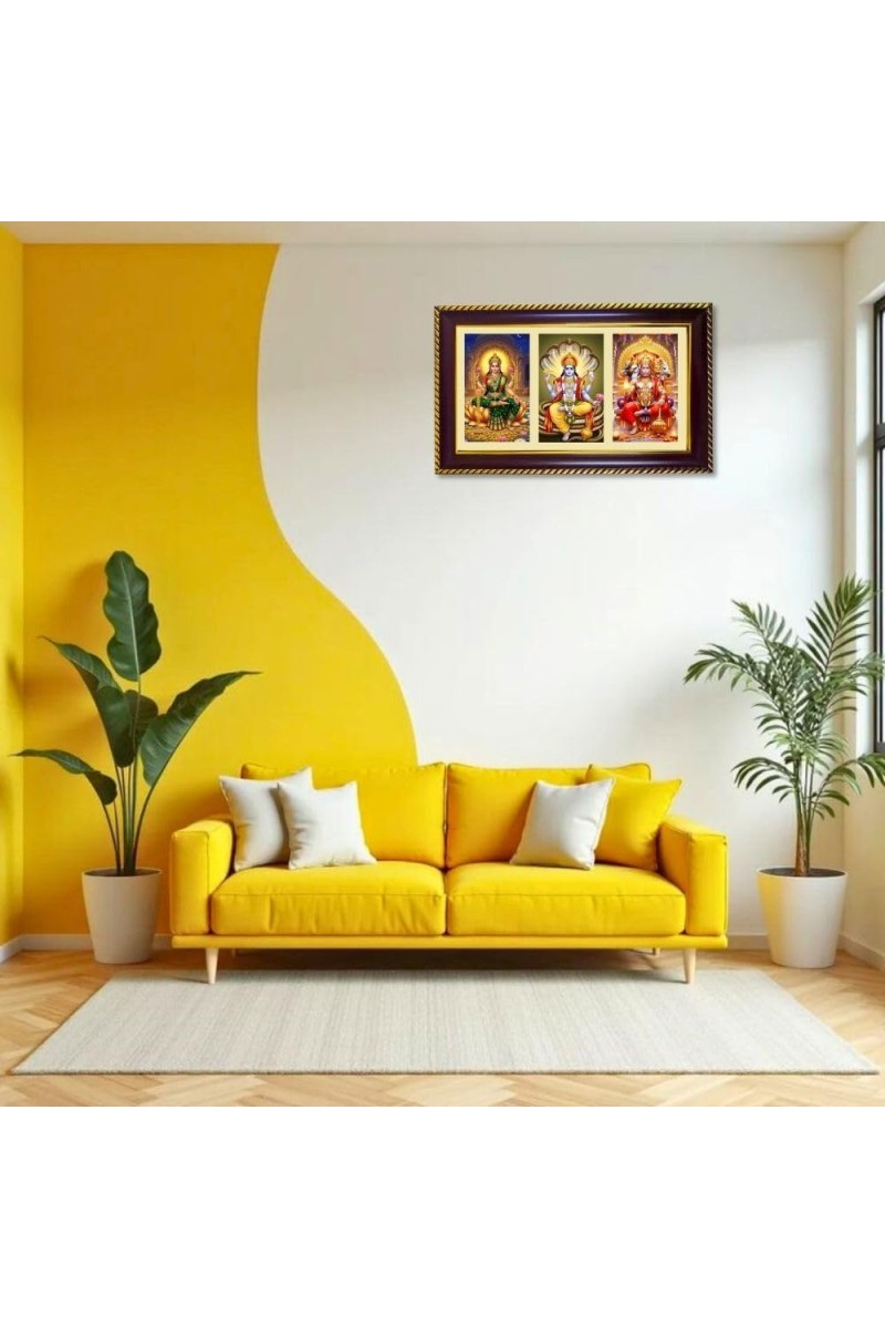 Lakshmi-Vishnu-Hanuman Photo Frame 12x8 Inch | Glossy Maroon Polystyrene Frame | Divine Wall & Table Decor | Temple Decoration & Gift Item (Pack Of 1) (F20732)