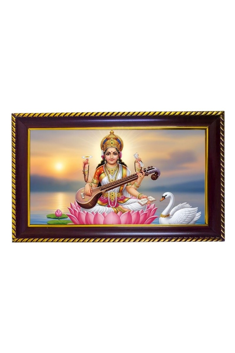 Mata Sarswati Photo Frame 14x10 Inch | Glossy Maroon Polystyrene Frame | Divine Wall & Table Decor | Temple Decoration & Gift Item (Pack Of 1) (F20615)