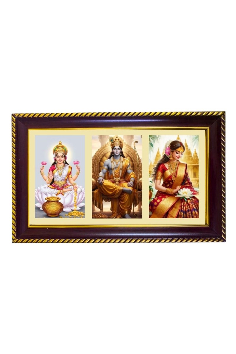 Laxmi-Ram-Sita Photo Frame 8x4 Inch | Glossy Maroon Polystyrene Frame | Divine Wall & Table Decor | Temple Decoration & Gift Item (Pack Of 1) (F20784)