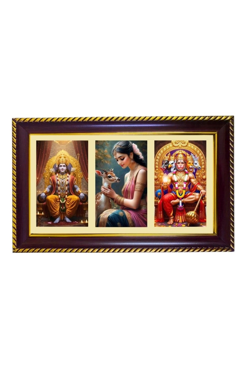 Ram-Sita-Hanuman Photo Frame 14x10 Inch | Glossy Maroon Polystyrene Frame | Divine Wall & Table Decor | Temple Decoration & Gift Item (Pack Of 1) (F20907)