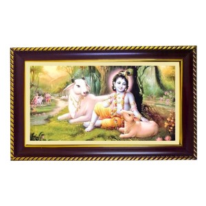 Lord Krishna Photo Frame 8x4 Inch | Glossy Maroon Polystyrene Frame | Divine Wall & Table Decor | Temple Decoration & Gift Item (Pack Of 1) (F20070)