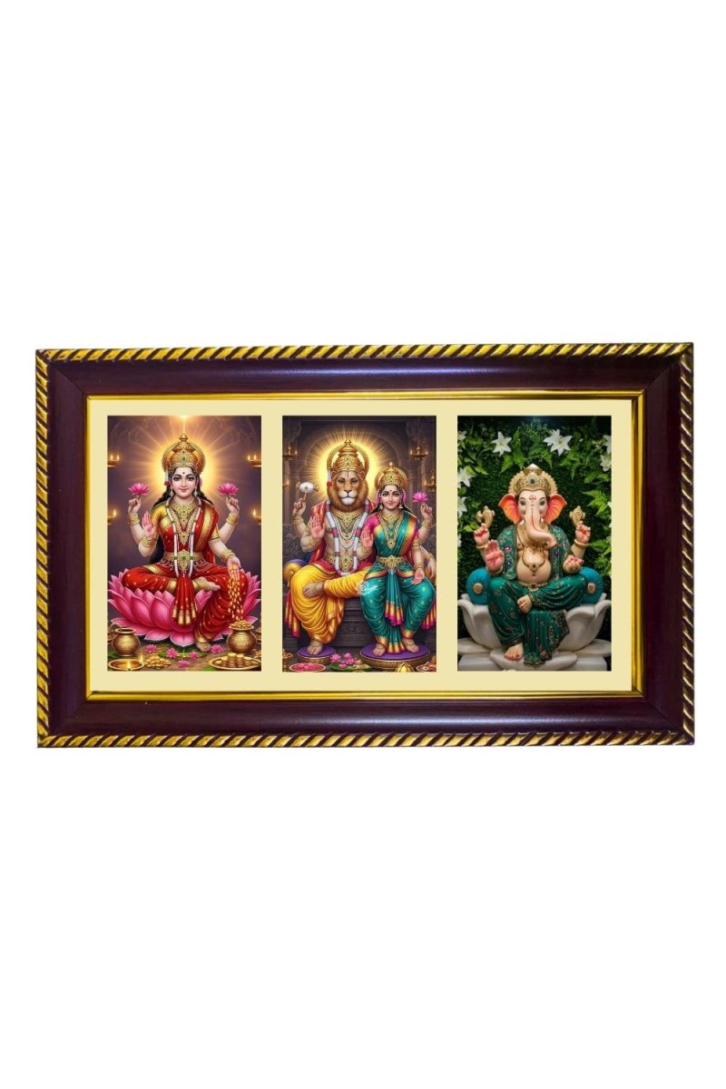 Lakshmi-Narshima-Ganpati Photo Frame 10x6 Inch | Glossy Maroon Polystyrene Frame | Divine Wall & Table Decor | Temple Decoration & Gift Item (Pack Of 1) (F21414)