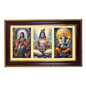 Radha-Krishna-Ganesha Photo Frame 8x4 Inch | Glossy Maroon Polystyrene Frame | Divine Wall & Table Decor | Temple Decoration & Gift Item (Pack Of 1) (F21301)