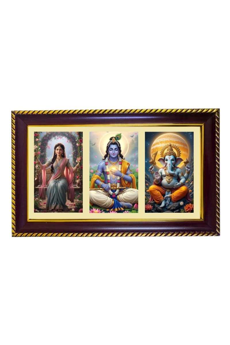 Radha-Krishna-Ganesha Photo Frame 8x4 Inch | Glossy Maroon Polystyrene Frame | Divine Wall & Table Decor | Temple Decoration & Gift Item (Pack Of 1) (F21301)