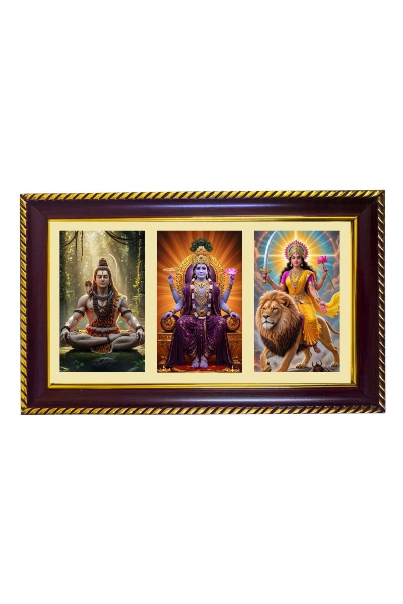 Shiva-Vishnu-Durga Photo Frame 8x4 Inch | Glossy Maroon Polystyrene Frame | Divine Wall & Table Decor | Temple Decoration & Gift Item (Pack Of 1) (F21356)