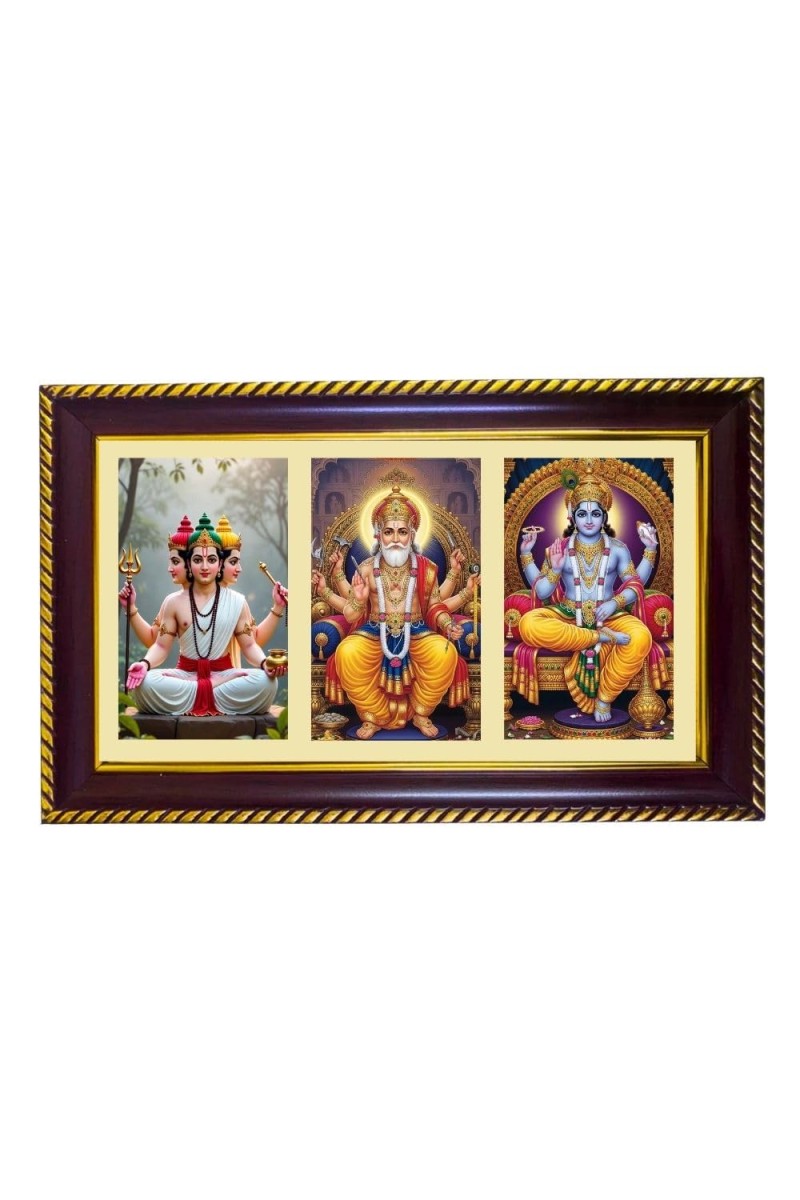 Dattatrey-Bramha-Vishnu Photo Frame 10x6 Inch | Glossy Maroon Polystyrene Frame | Divine Wall & Table Decor | Temple Decoration & Gift Item (Pack Of 1) (F21447)