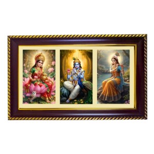 Lakshmi-Krishna-Radha Photo Frame 8x4 Inch | Glossy Maroon Polystyrene Frame | Divine Wall & Table Decor | Temple Decoration & Gift Item (Pack Of 1) (F20767)