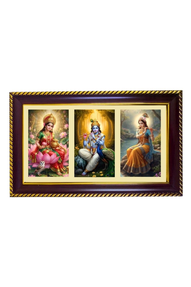 Lakshmi-Krishna-Radha Photo Frame 8x4 Inch | Glossy Maroon Polystyrene Frame | Divine Wall & Table Decor | Temple Decoration & Gift Item (Pack Of 1) (F20767)