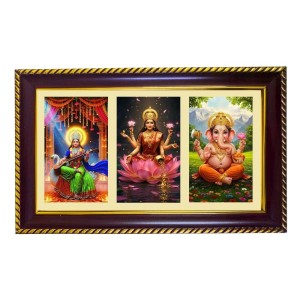 Sarswati-Laxmi-Ganesha Photo Frame 8x4 Inch | Glossy Maroon Polystyrene Frame | Divine Wall & Table Decor | Temple Decoration & Gift Item (Pack Of 1) (F20956)