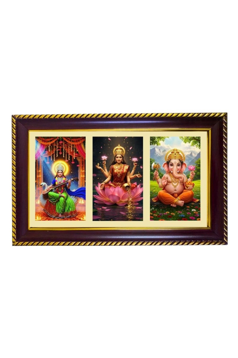 Sarswati-Laxmi-Ganesha Photo Frame 8x4 Inch | Glossy Maroon Polystyrene Frame | Divine Wall & Table Decor | Temple Decoration & Gift Item (Pack Of 1) (F20956)