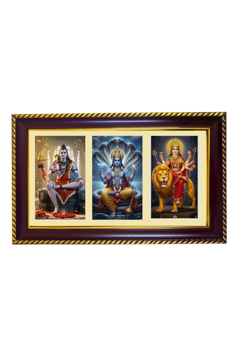 Shiva-Vishnu-Durga Photo Frame 10x6 Inch | Glossy Maroon Polystyrene Frame | Divine Wall & Table Decor | Temple Decoration & Gift Item (Pack Of 1) (F21372)