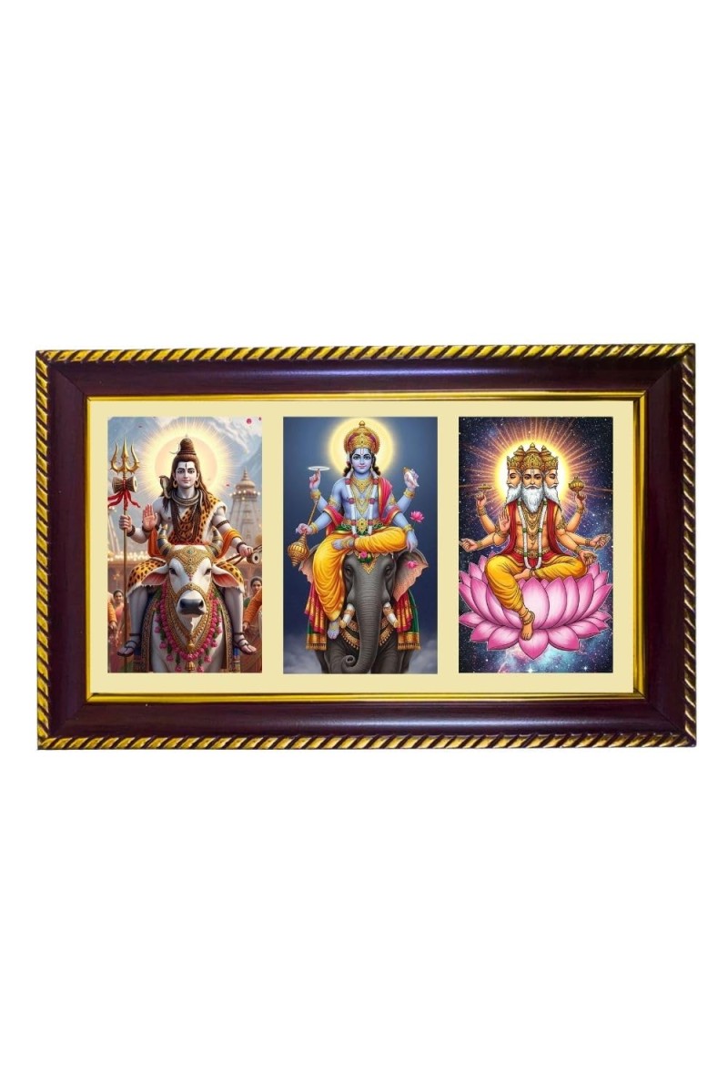 Bramha-Vishnu-Mahesha Photo Frame 14x10 Inch | Glossy Maroon Polystyrene Frame | Divine Wall & Table Decor | Temple Decoration & Gift Item (Pack Of 1) (F21007)