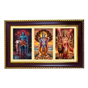 Shiva-Vishnu-Durga Photo Frame 14x10 Inch | Glossy Maroon Polystyrene Frame | Divine Wall & Table Decor | Temple Decoration & Gift Item (Pack Of 1) (F21378)