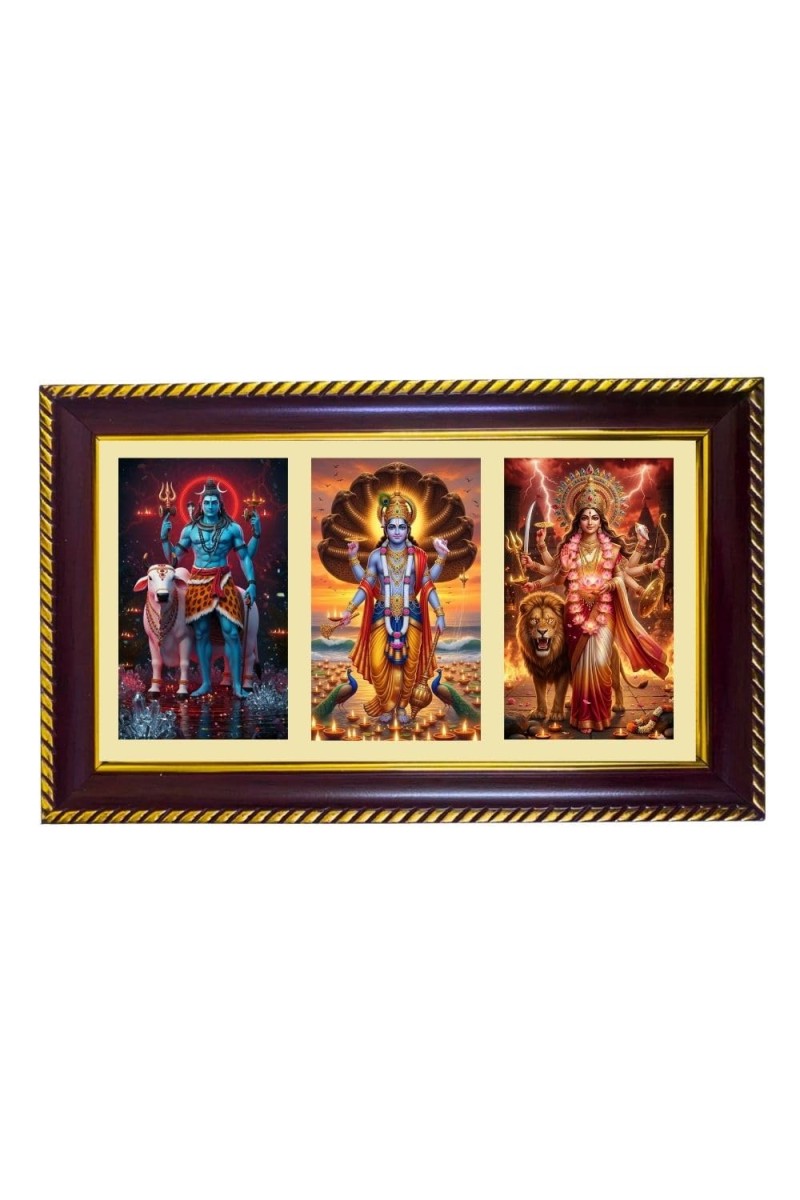 Shiva-Vishnu-Durga Photo Frame 14x10 Inch | Glossy Maroon Polystyrene Frame | Divine Wall & Table Decor | Temple Decoration & Gift Item (Pack Of 1) (F21378)