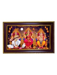 Goddess Lakshmi, Goddess Saraswati, And Lord Ganesha Photo Frame 10x6 Inch | Glossy Maroon Polystyrene Frame | Divine Wall & Table Decor | Temple Decoration & Gift Item (Pack Of 1) (F20492)
