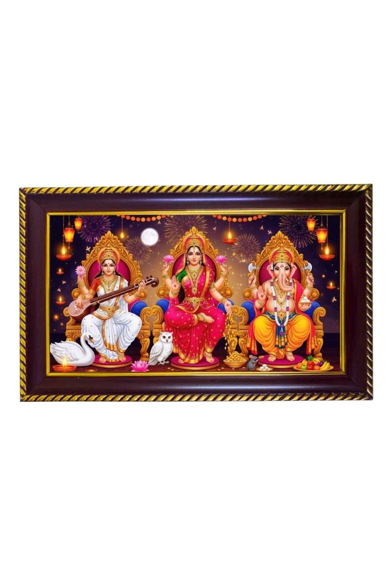 Goddess Lakshmi, Goddess Saraswati, And Lord Ganesha Photo Frame 10x6 Inch | Glossy Maroon Polystyrene Frame | Divine Wall & Table Decor | Temple Decoration & Gift Item (Pack Of 1) (F20492)