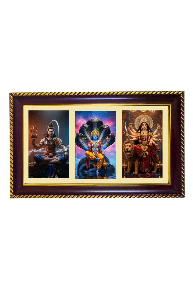 Shiva-Vishnu-Durga Photo Frame 14x10 Inch | Glossy Maroon Polystyrene Frame | Divine Wall & Table Decor | Temple Decoration & Gift Item (Pack Of 1) (F21349)