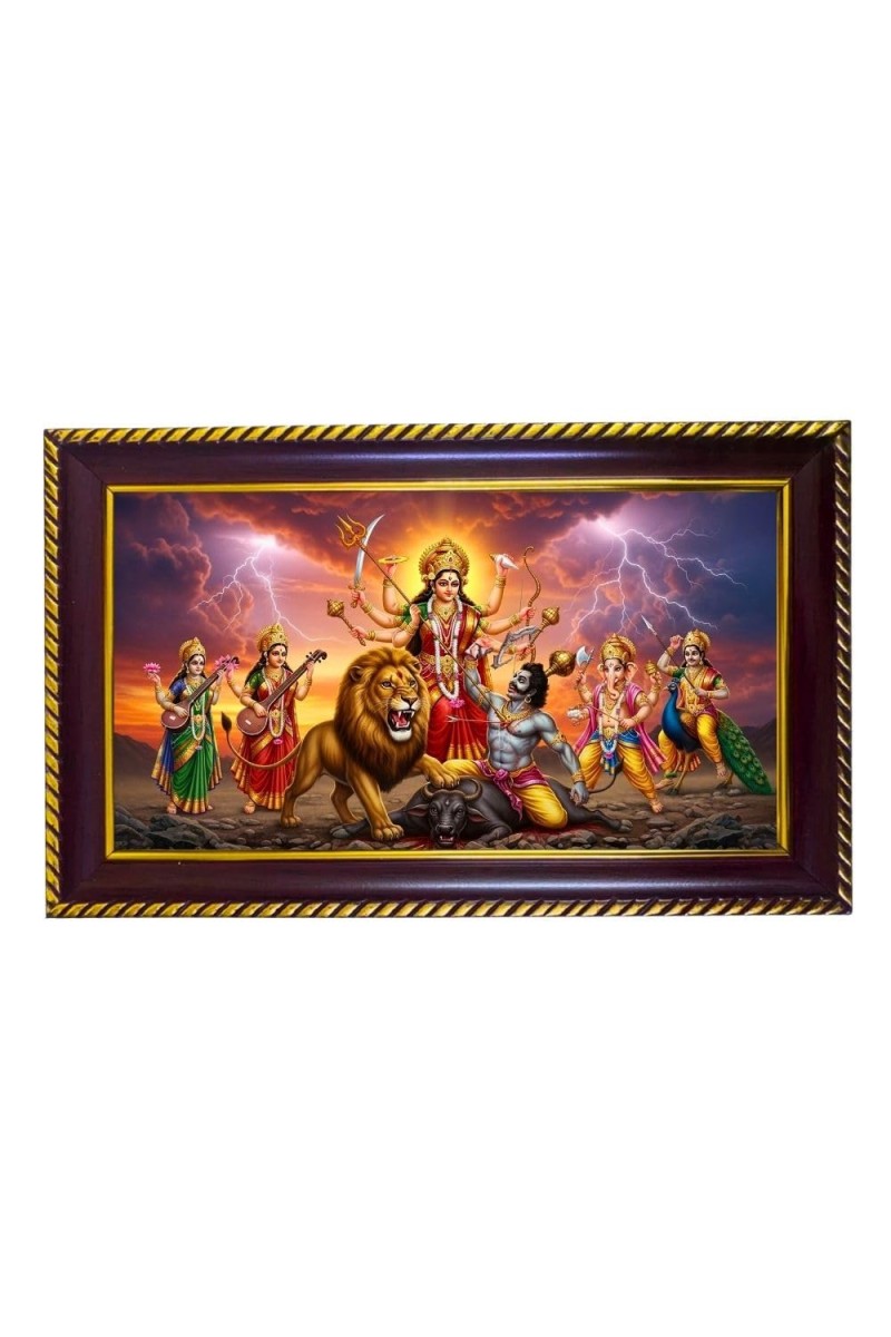 Mahishasur Vadh Photo Frame 10x6 Inch | Glossy Maroon Polystyrene Frame | Divine Wall & Table Decor | Temple Decoration & Gift Item (Pack Of 1) (F20252)